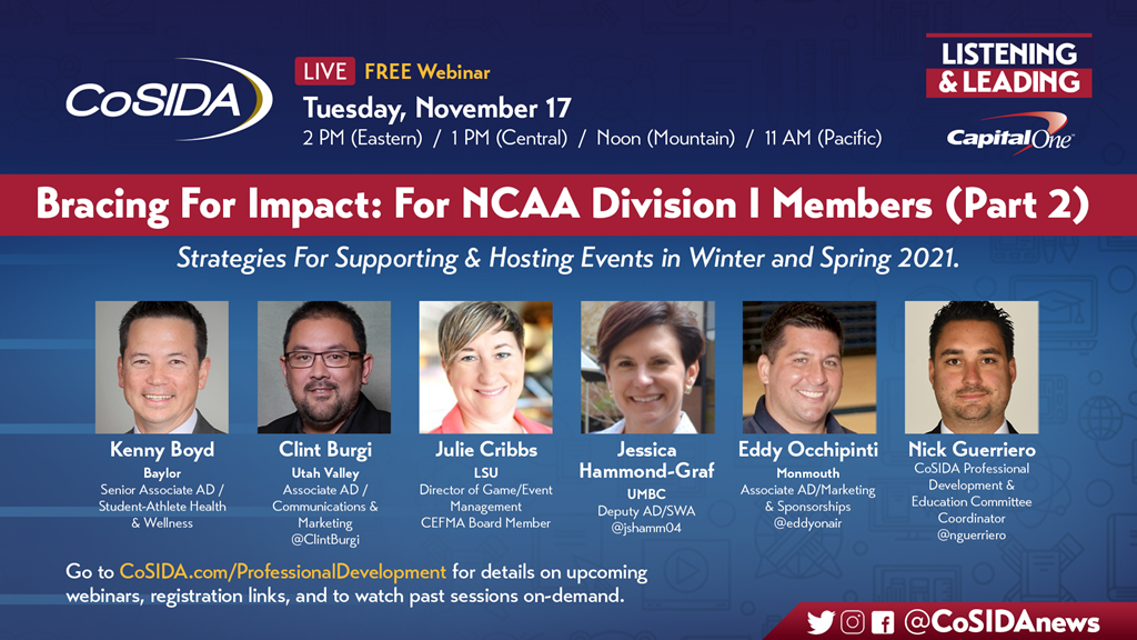 For NCAA Division I Members: Live Webinar – Listening & Leading: Bracing For Impact: Strategies For Supporting & Hosting Events in Winter and Spring 2021